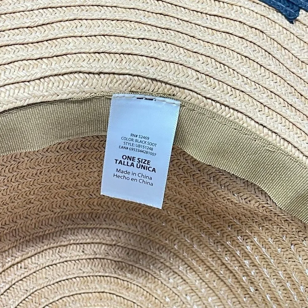Forever 21 Beige Black Soot Floppy Wide Brim Woven Paper Sun Hat One Size OSFM